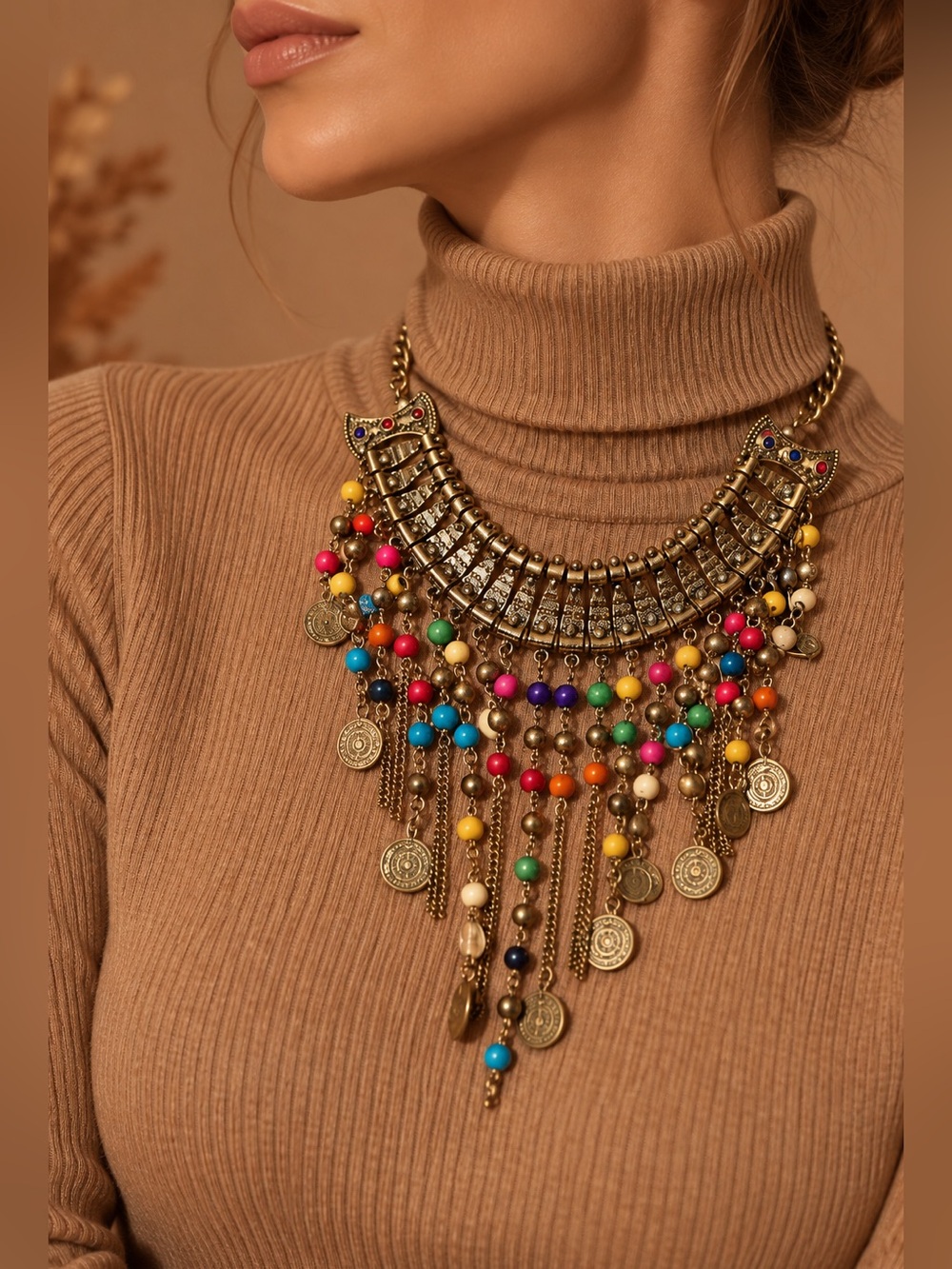 ALDO Boho colorful bronze charms ball chain bib necklace